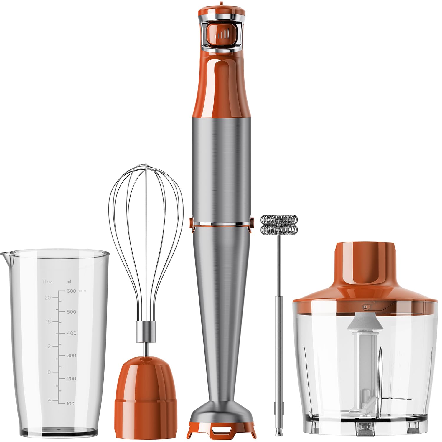 Immersion Blender Handheld Corded Hand Blenders Set 1100W, Trigger Variable Speed 5 in 1 Stick Emulsifier with Chopper, Whisk and Frother for Soup, Baby Food and Smoothies, Orange Image