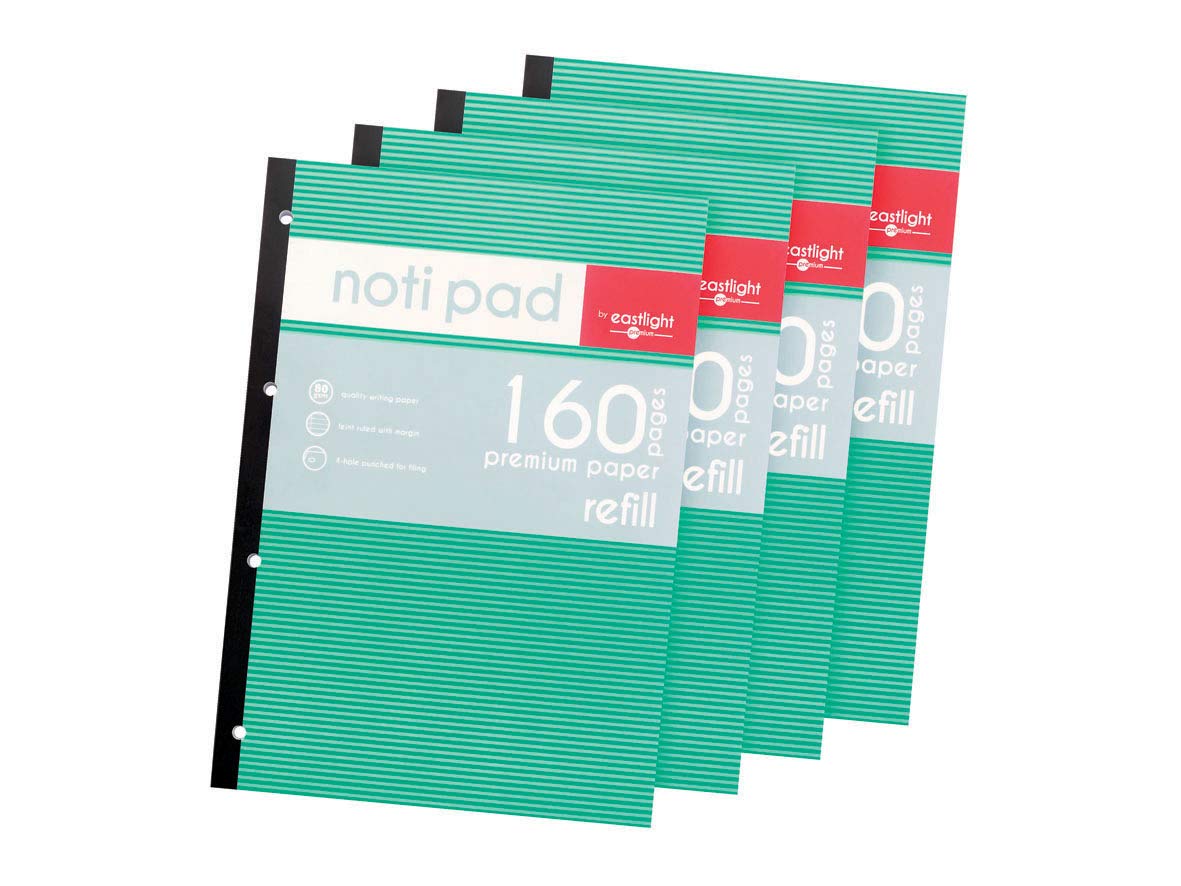 EASTLIGHT A4 Refill Pad 160 Page 80gsm - (Pack of 4) Sidebound Feint Ruled with Margin 4 Hole Punched