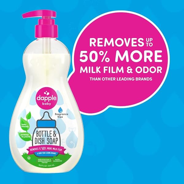 DAPPLE BABY BOTTLE SOAP, HYPOALLERGENIC DISH SOAP FOR BABY BOTTLES, POWERED BY PLANTS, 1 PUMP INCLUDED, PACKAGING MAY VARY, FRAGRANCE FREE, 16.9 FL OZ (PACK OF 3)