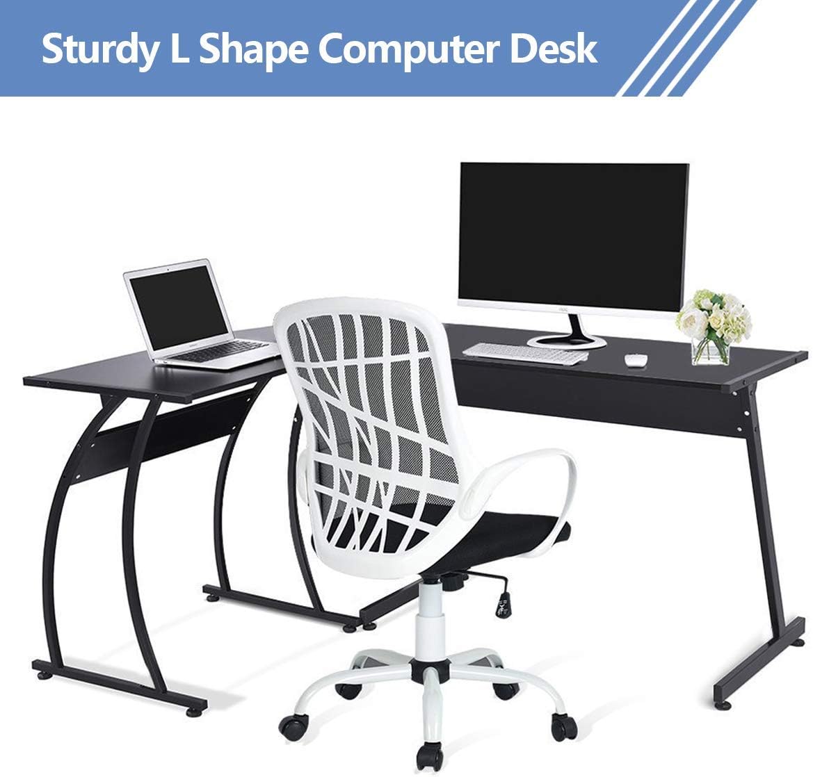 GreenForest L-Shaped Corner Desk Computer Gaming Desk PC Table,Home Office Writing Workstation 3-Piece,Black: Furniture & Decor
