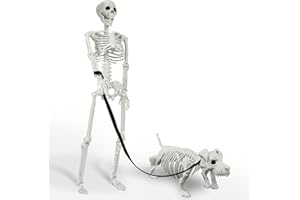 IDEAALS Lighted Human & Dog Skeleton Halloween Decorations Outdoor/Indoor - 36 Inch Realistic Full Body Movable Posable Skeleton Spooky Halloween Decor for Garden Yard Porch Indoor Party Haunted Graveyard