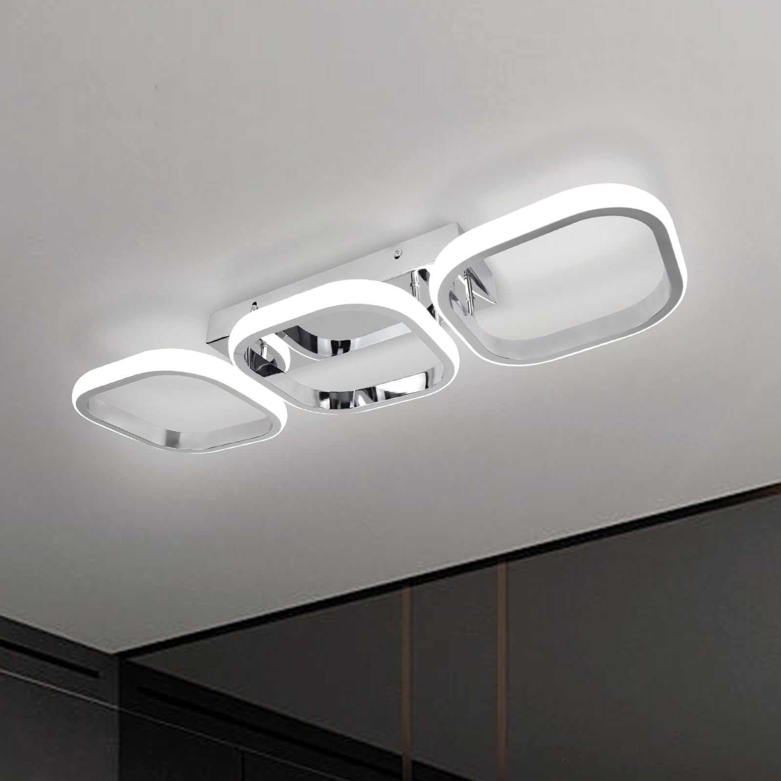 EIDISUNY Modern Led Ceiling Light, Flush Mount Ceiling Lamp 3 Squares LED, Close to Ceiling Lighting Fixtures for Hallway Bedroom Living Room Kitchen Office Entrance - 33W Cool White Light (Silver)