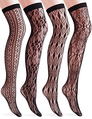 VERO MONTE 4 Pairs Women's Patterned Fishnet Thigh High Socks (Black) 41720