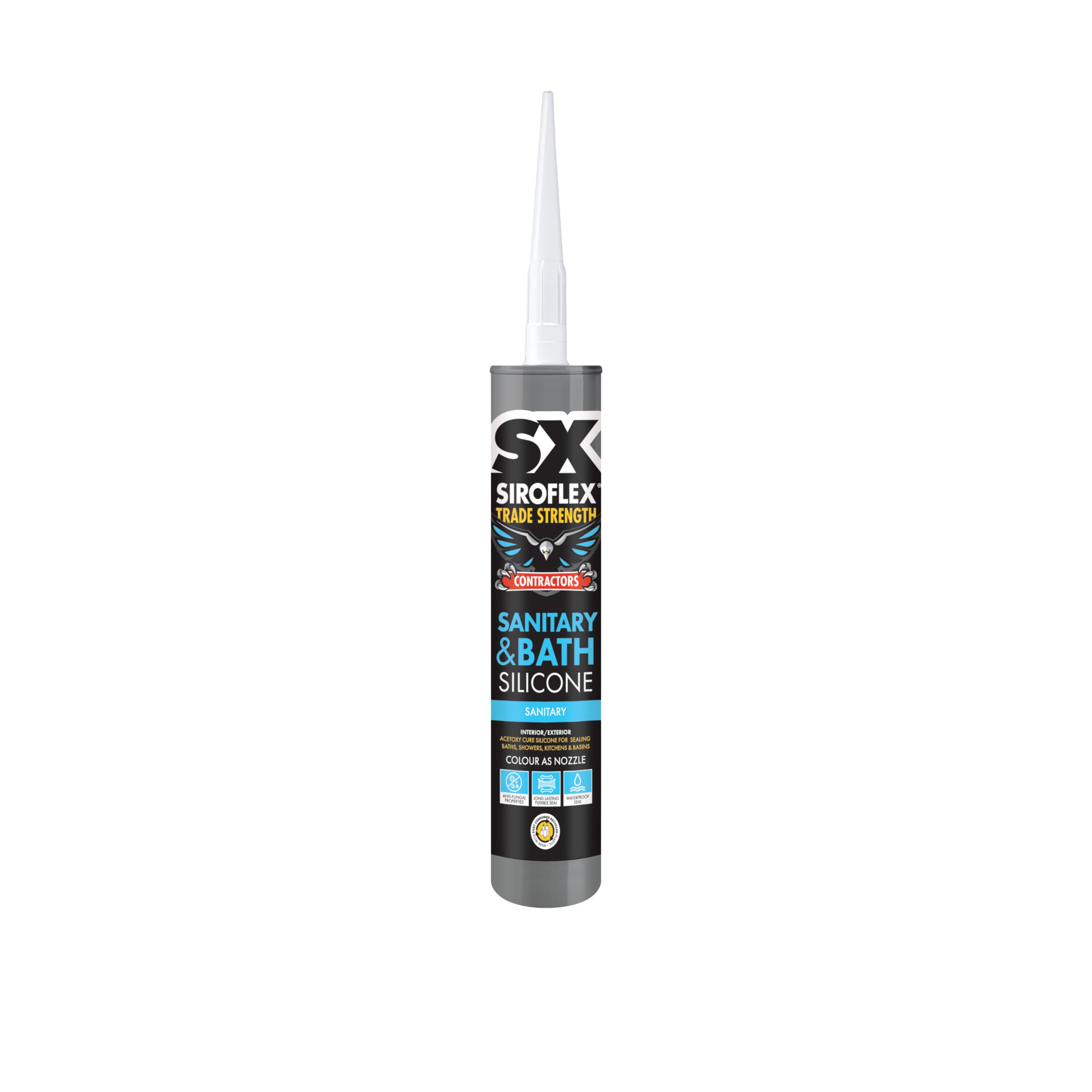 SX Siroflex Sanitary Silicone White – Sealing Baths, Showers, Kitchens and Basins with Anti‑Fungal Properties Providing a Waterproof Finish for Interior and Exterior Applications – 300ml