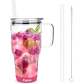 Zukro 32 oz Glass Tumbler with Handle & Straw, Borosilcate Glass Water Cup For Iced Coffee, Smoothie, Hot & Cold Drinks, Non-Slip Silicone Bottom, Fits In Cupholder, BPA Free & Dishwasher Safe