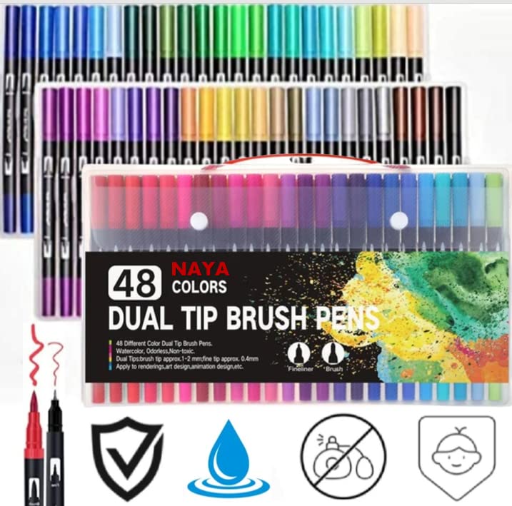 NAYA Felt Tip Pens Colouring Markers 72 Watercolour Marker Pen, Double Tip Art Fine Brush Markers for Adult Students, DIY Card Making, Photo Album Colouring Books Craft Doodling (48 PACK)