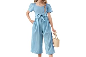 KIMODA Girls Casual Jumpsuits Kids Short Sleeve Bowknot Romper Pants with Pockets One Piece Summer Outfits for Girls 6-13 Years