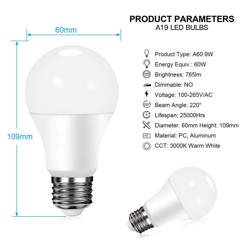 LED Bulb 9W E27 Edison Screw Bulb 60W Incandescent Replacement Cool White 6000K Energy Saving Light Bulbs -Pack of 6