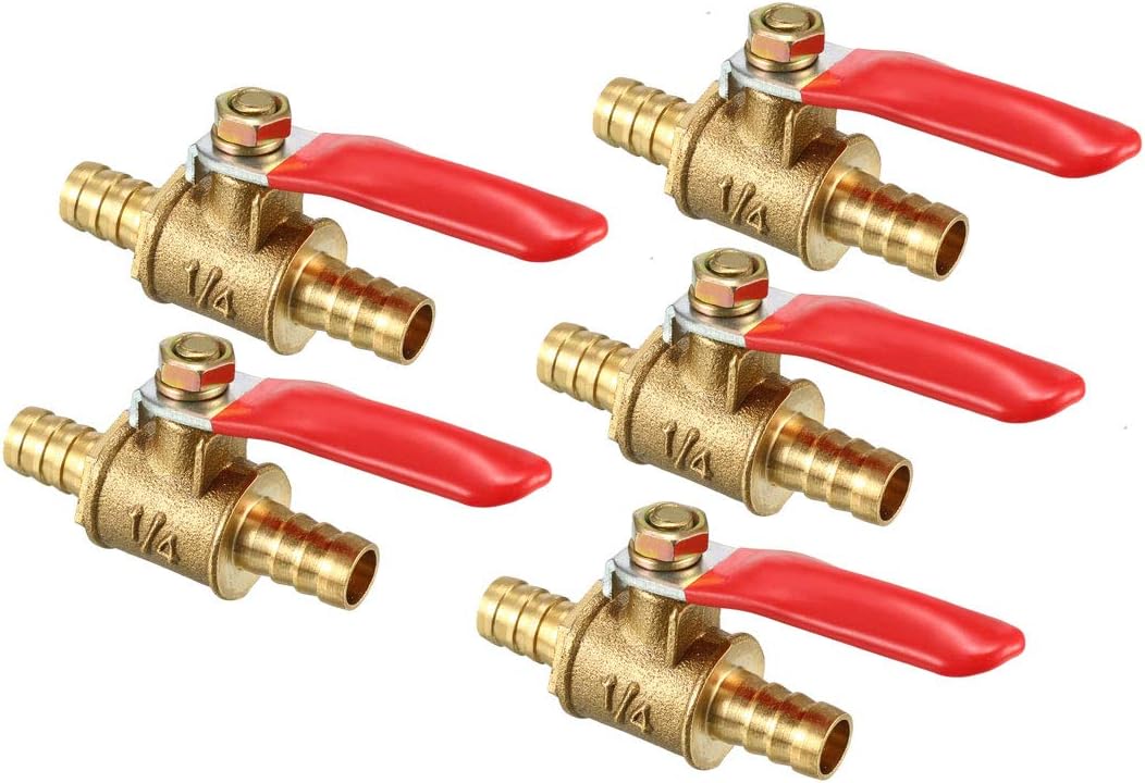 sourcing map 8mm Brass Barb x Barb Mini Ball Valve, 180 Degree Operation Handle 5 Pcs, 8mm Barb x Barb, 5 Pack