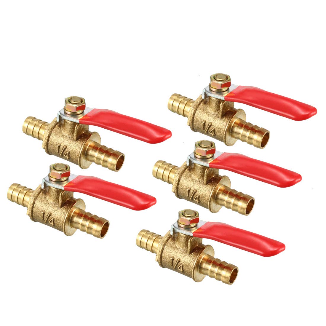 sourcing map 8mm Brass Barb x Barb Mini Ball Valve, 180 Degree Operation Handle 5 Pcs