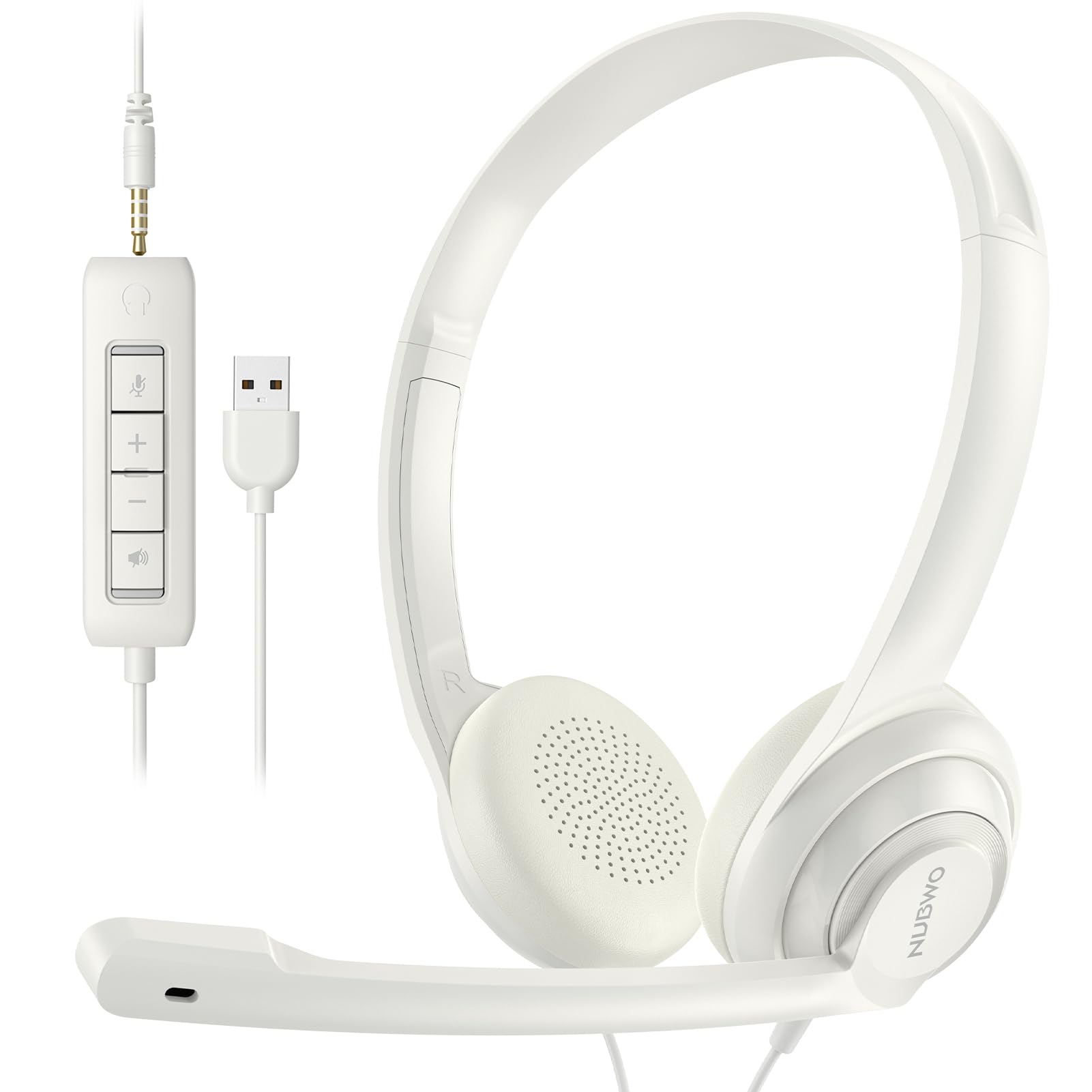 Photo 1 of NUBWO HW02 USB Computer Headset with Clear Chat Microphone, Lightweight On-Ear Wired Headset for MS Teams, Skype, Webinars, Call Center and More -White