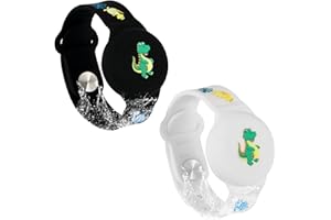 SAVITA 2pcs Kids Wristband for AirTag, Dinosaur Cartoon Pattern Bracelet for Waterproof Toddler Elder Adjustable Watch Band Kids Anti Lost for AirTag Case Holder for Hiding GPS Tracker (Black, White)