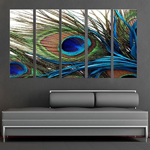 CanvasCEO Peacock Feather 5 Panel Set Wall Art Decor Canvas Framed Ready to Hang Print Fiberboard (35x16x1" (90x40x2.5cm) x5 Panels)