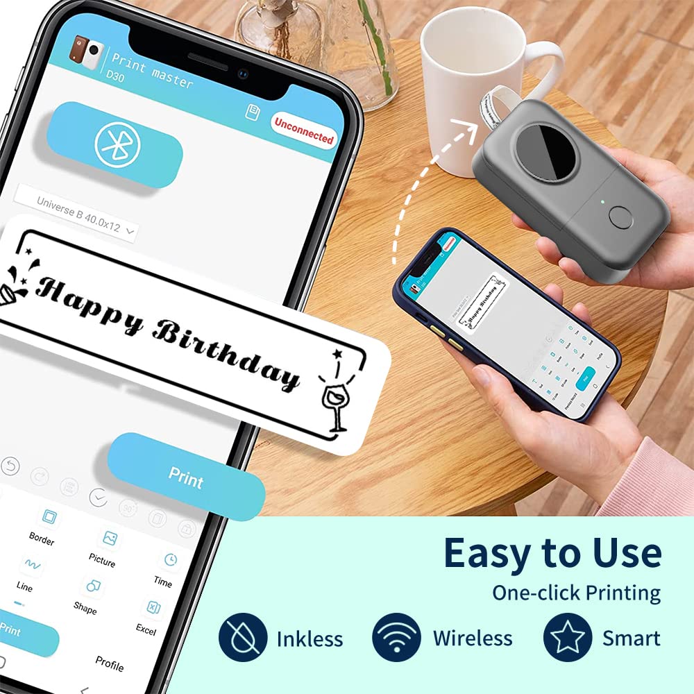 Phomemo Label Maker Machine with Tape, D30 Small Label Maker 12mm 0.47 White for Organizing, Bluetooth Wireless Thermal Sticker Printer Home School Office Supplies