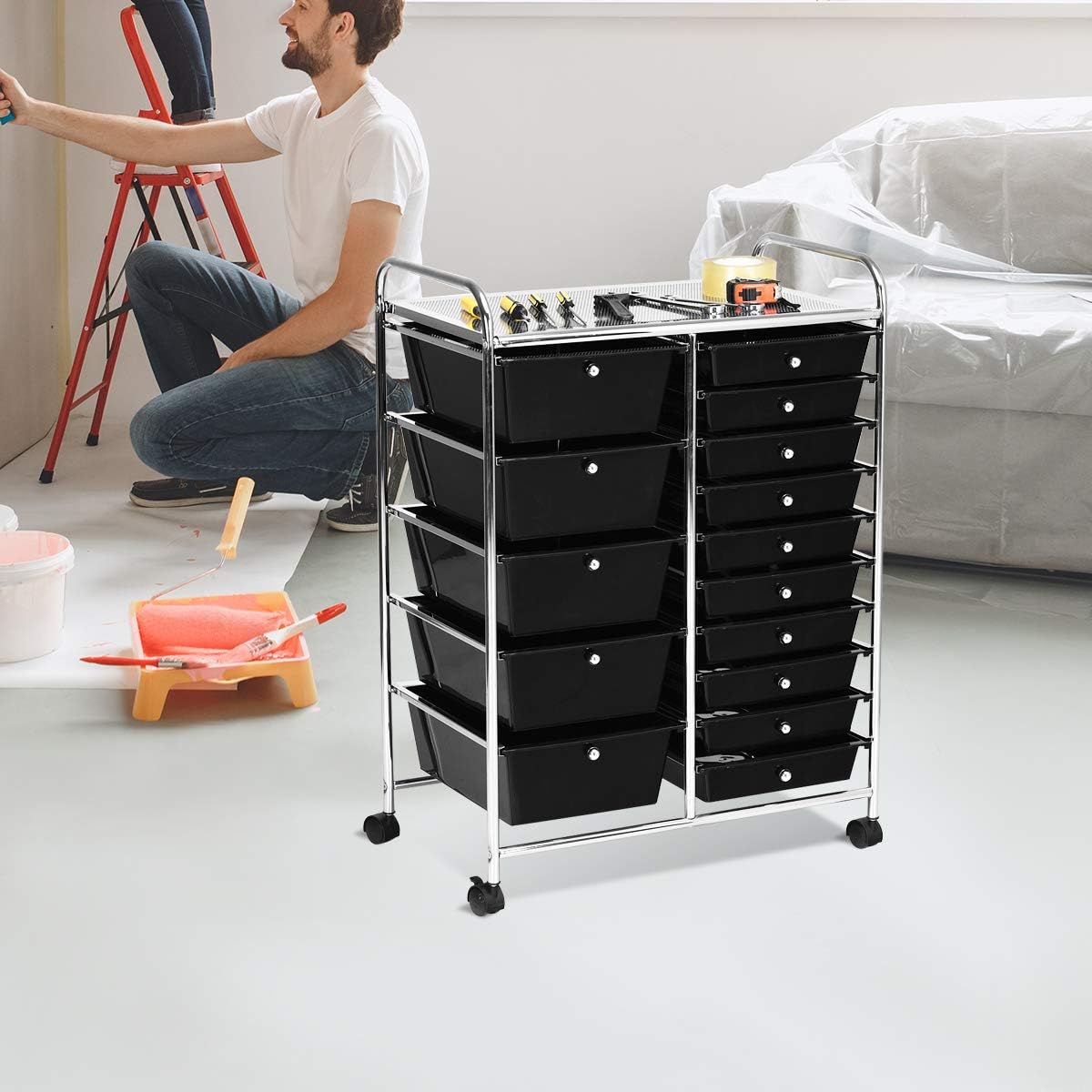Giantex 15 Drawer Rolling Storage Cart Tools Scrapbook Paper Office School Organizer, Black: Home Improvement