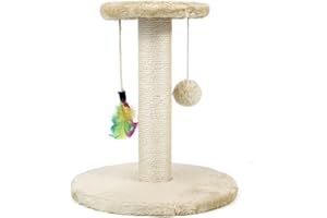 ZK EMPORIA Cat Scratching Post with Premium Natural Sisal Rope - Cats Scratch Post Indoor Play for Small Kitten with Dangling Ball & Feather Toy Covered with Soft Smooth Plush Fabric, Stable Cat Stand (Beige)