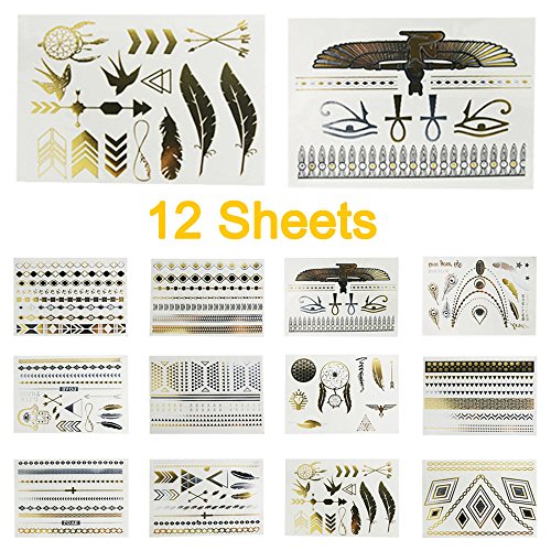 UPC 702257012774, [12 Styles &amp; 12 Sheets Pack Designs] SQDeal Gold Metallic Removable Waterproof Temporary Flash Tattoo Pattern &amp; Golden Bling Glitter Tattoo Stickers Body Art Sex Products for Girla Teens Women