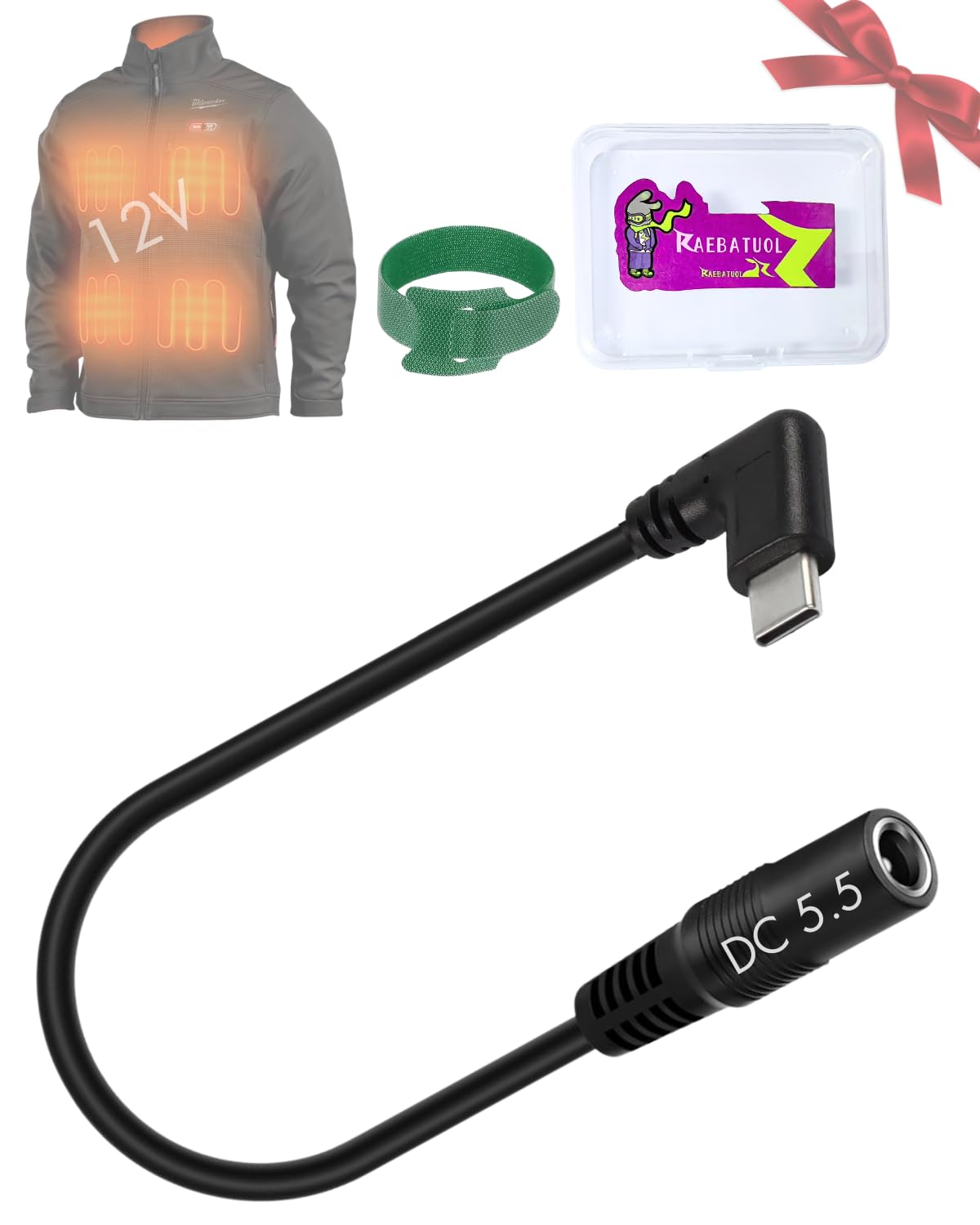 Photo 1 of 12V Heated Jacket Battery Step-Up Adapter Charger Cable for Heated Jackets,Hoodies,Vests, (12V-Type C to DC5.5mm) Compatible with Milwaukee M12, Ororo,Venustas,Glaais,Makita, Soljikye