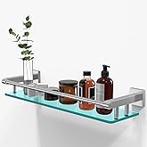 20 Inches Glass Shelf for Bathroom, Brushed Nickel Glass Shelves for Wall with Smooth Stainless Steel Railing, Modern Tempere