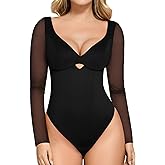 Popilush Long Sleeve Body Suits Womens Shapewear Bodysuit Tummy Control Going Out Mesh Corset Bodysuits for Women Tops V Neck Cutout Fall Winter Black