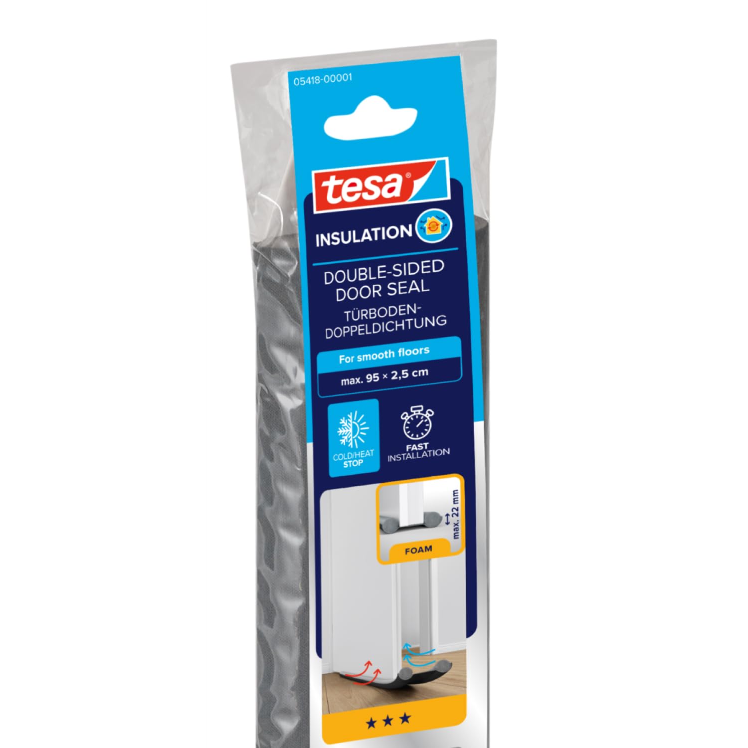 tesa INSULATION Double-sided Door Seal - Cut-to-size door draught excluder for smooth floors - Anthracite - 95 cm x 25 mm, can be cut to size