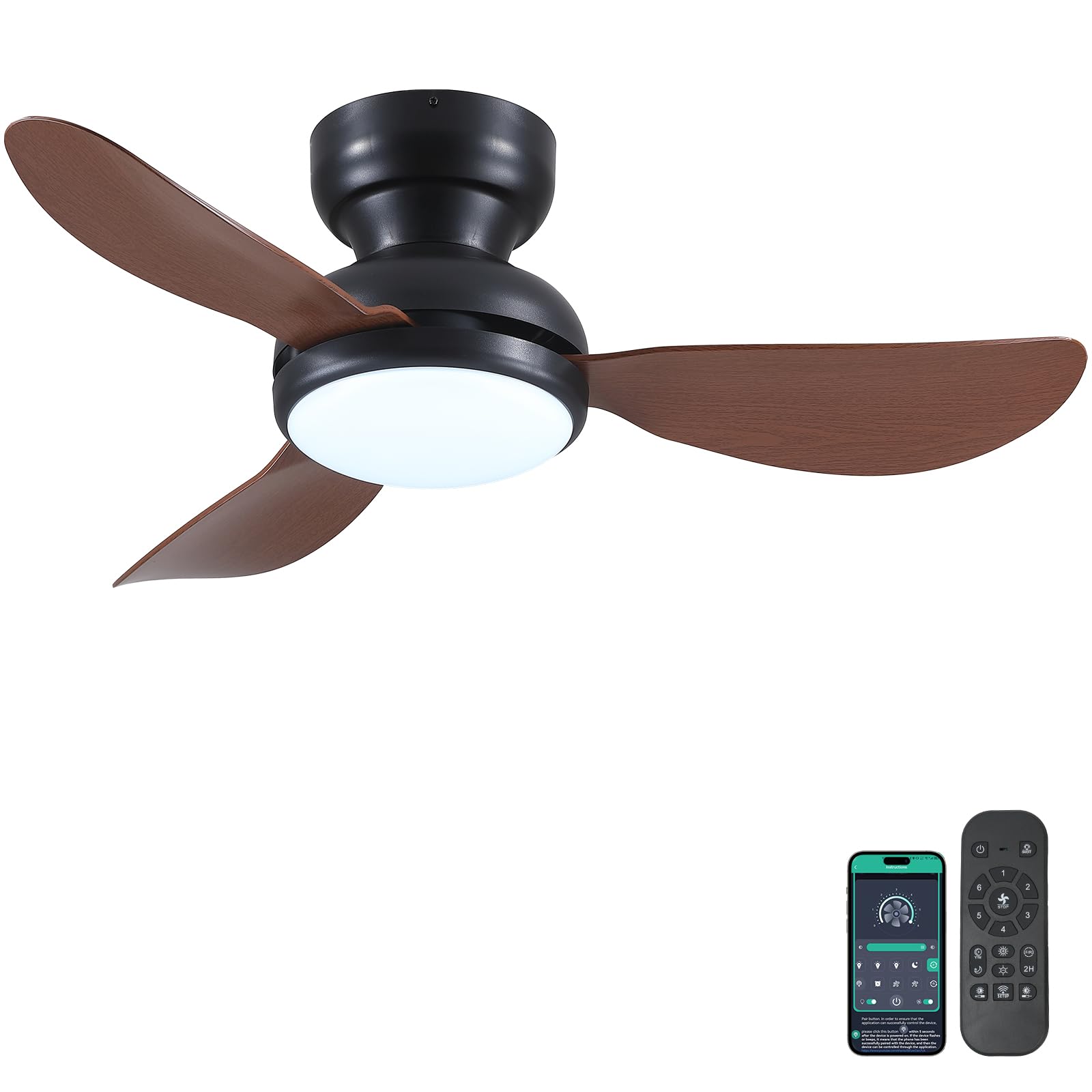 Photo 1 of Kviflon 36 Inch Modern Ceiling Fans with Lights, Small Flush Mount Ceiling Fan with Light and Remote/APP Control, 3 Reversible 6 Speeds Curved Blades, 3 CCT Dimmable Lights for Bedroom, Brown