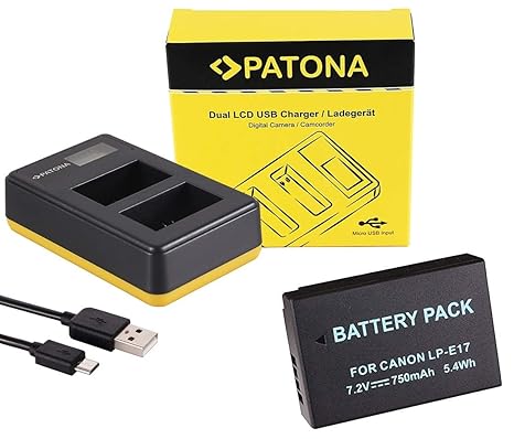 2in1-SET Ladegerät und 1 Akku für die Canon EOS 750D / 200D | mit LCD Ladeanzeige | Ersatzakku für Canon LP-E17 | mit jedem M