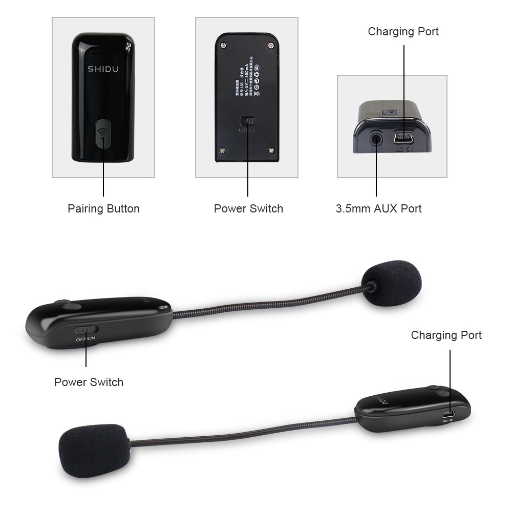 Zoweetek SHIDU UHF Wireless Microphone 2-in-1 Headworn and Handheld for Voice Amplifier, Speaker and Any AUX Audio Devices (AUS-ZW-SDMIC01)
