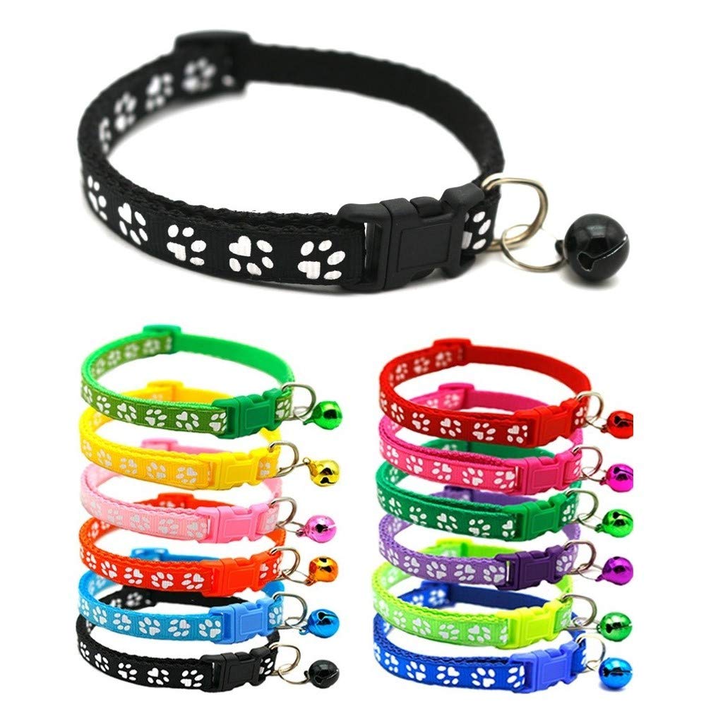 Small Dog Puppy Pet Collar Pawprint Design with Bell Nylon Adjustable Size 19-32cm Black — image 1