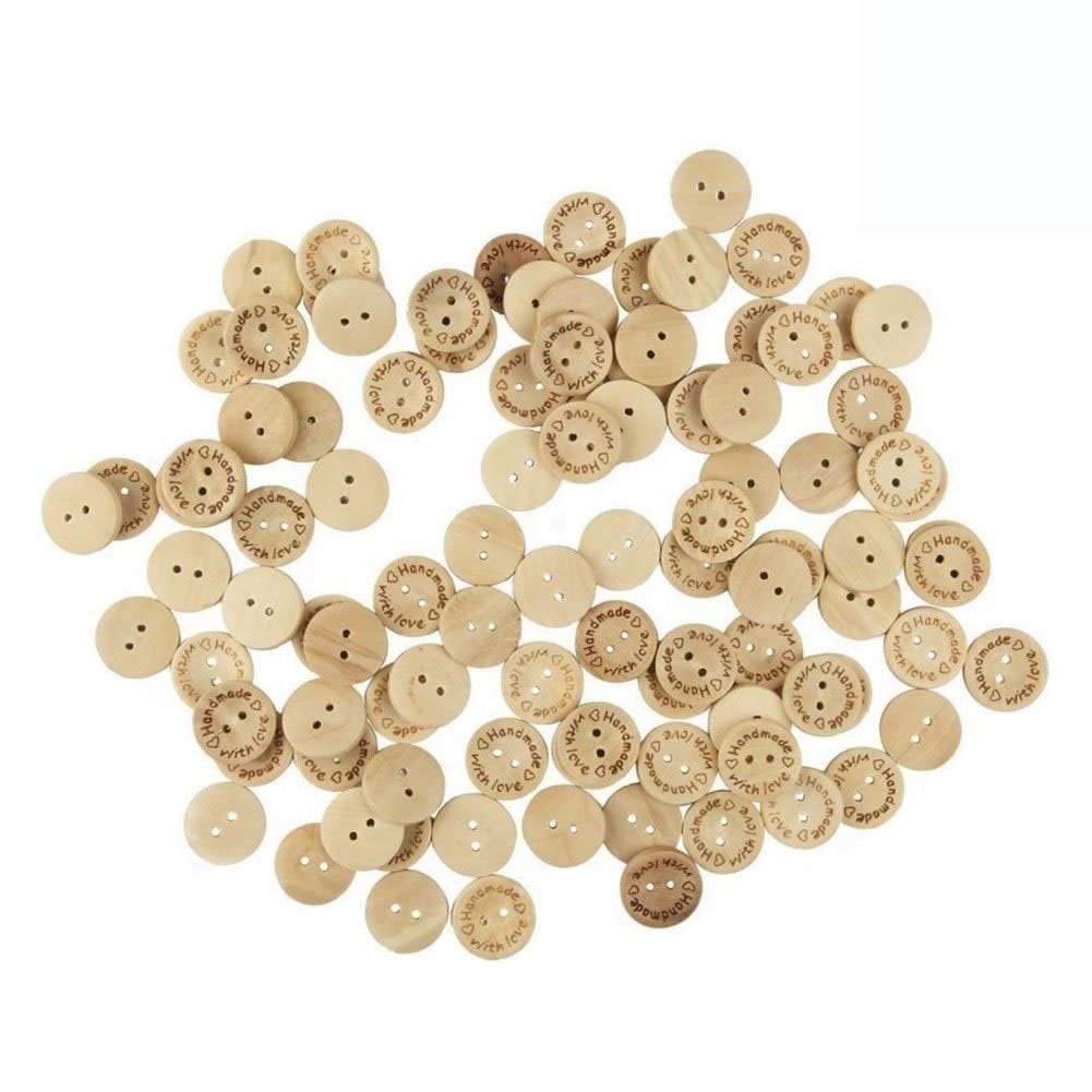NAMVO 200pcs 2 Holes Handmade with Love Natural Wood Sewing Button 20mm