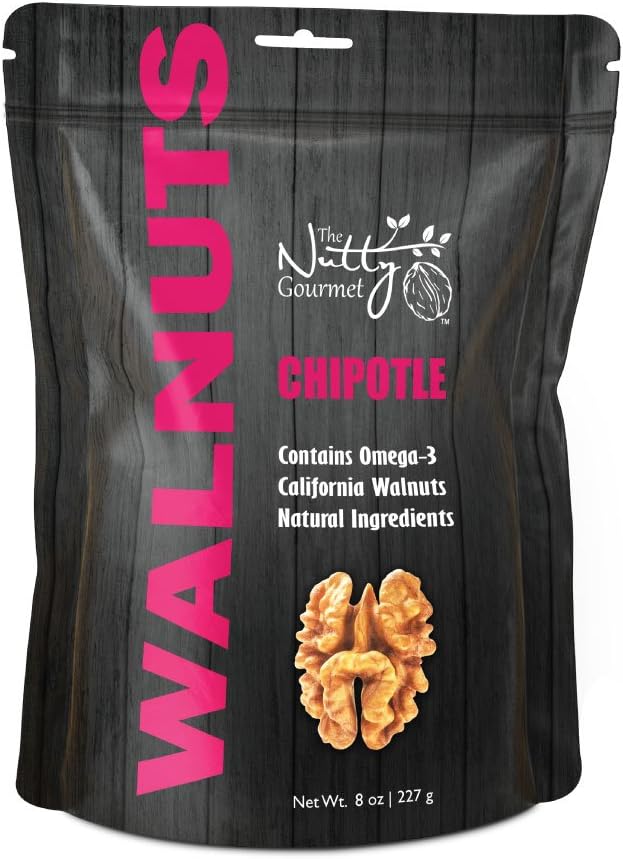 The Nutty Gourmet Chipotle Flavored Walnuts - Snacks - Healthy Snacks - Walnuts Nuts - Heart Healthy - Farm Fresh Nuts Walnuts - Walnuts Flavored - 8 oz Pack