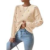 chouyatou Women's Ditsy Floral Embroidered Pullover Sweater Color Block Loose Fit Knit Jumper Tops