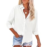 Womens Button Down Shirts Long Sleeve Dress Linen Shirts Casual Collared Cotton Button Up Blouses Oversized Tops with Pockets