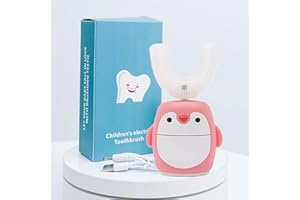 RENAELELIFE Kids Sonic Electric Toothbrush U Shaped Automatic Timer IPX7 Waterproof 5 Modes 360° Oral Cleaning Teeth Whitening Gums Massage Replaceable Soft Cartoon for 7-15 (Pink Penguin)