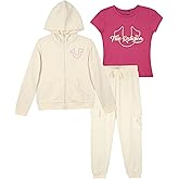 True Religion Girls 3 Piece Fleece Set – Hoodie, Tee Shirt & Jogger/Legging Outfit, Rhinestud & Foil Details (Sizes 4-14)
