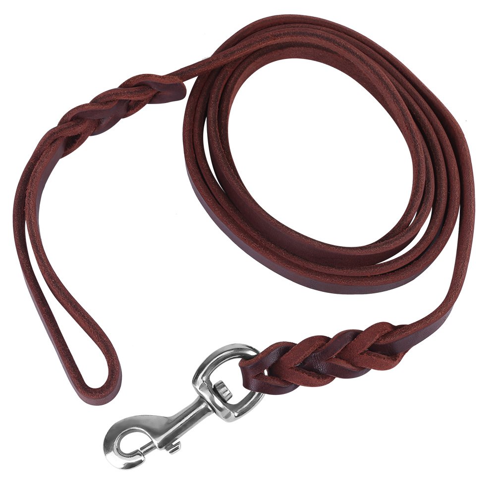 Leather Dog Lead Braided Brown Leather Pet Leash Dog Training Lead Rope Pet Walking Leads for Medium Large Dogs (6.89ft)