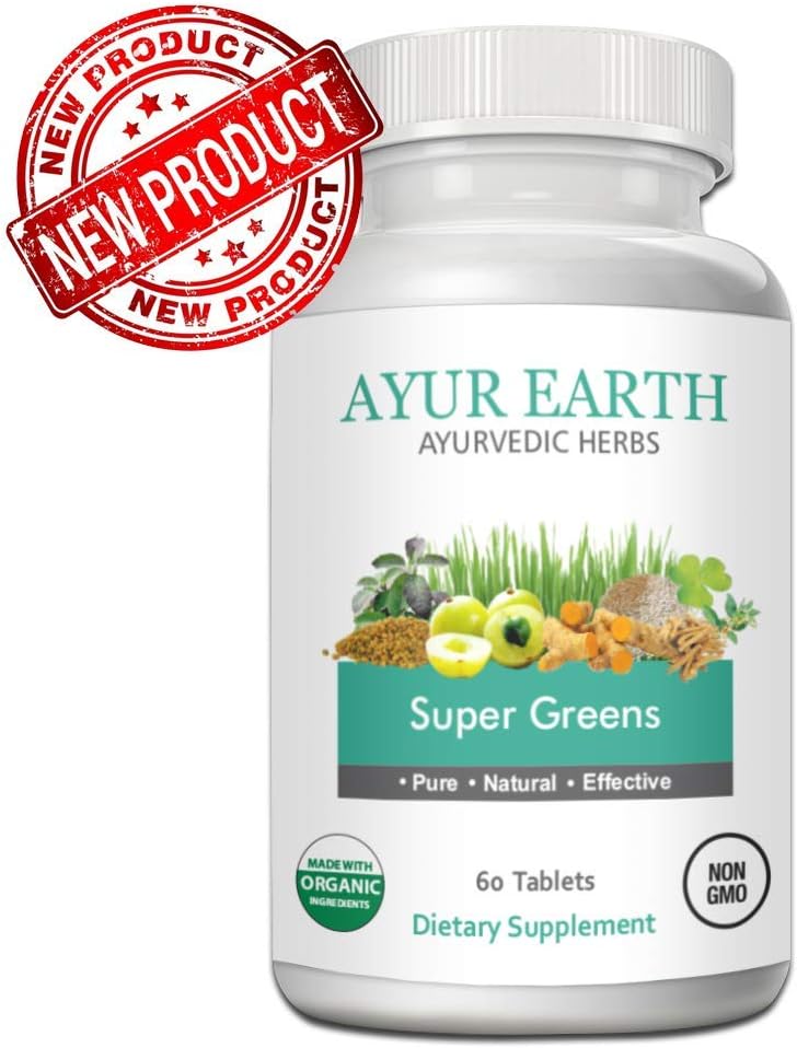Super Greens - Organic Green Superfood Blend - Natural Ayurvedic Superfoods Vegetarian Capsules - Gluten & GMO Free Spirulina & Wheat Grass - Daily Nutrient Supplement - 30 Day Supply (60 Capsules)
