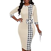 Women's 3/4 Sleeve Round Neck Casual Houndstooth Bodycon Wear to Work Pencil Sheath Midi Dresses