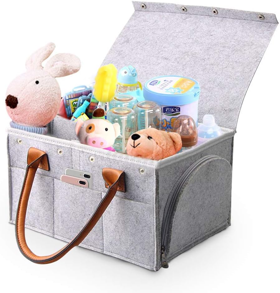 Car Caddy Organiser, UPPEL Baby Diaper Caddy, Nappy Organiser Grey Basket Stroller Organizer Diaper Storage Bin for Car Compartments and Home (Gray)