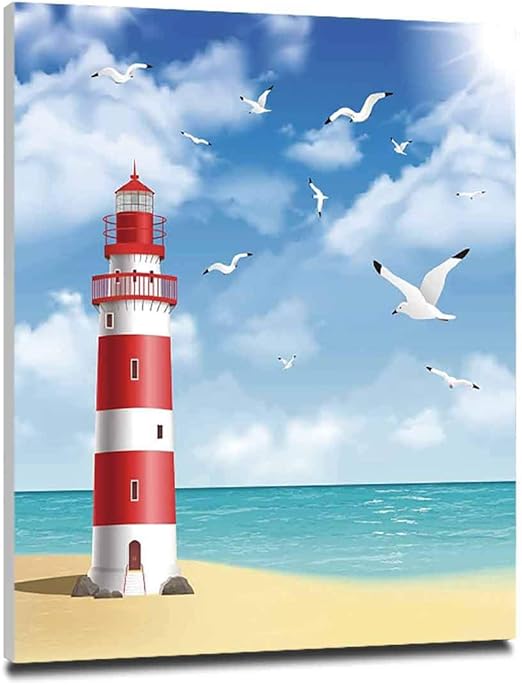 Amazon ビーチ 壁絵 絵画 モダン 40x50cm 壁絵 新築飾り 贈り物 玄関飾やリビング飾りなどに最適です新築飾り 贈り物 現実的な イラスト灯台穏やかな海岸飛行カモメ海風景装飾朱色の青 アートフレーム ポスター オンライン通販