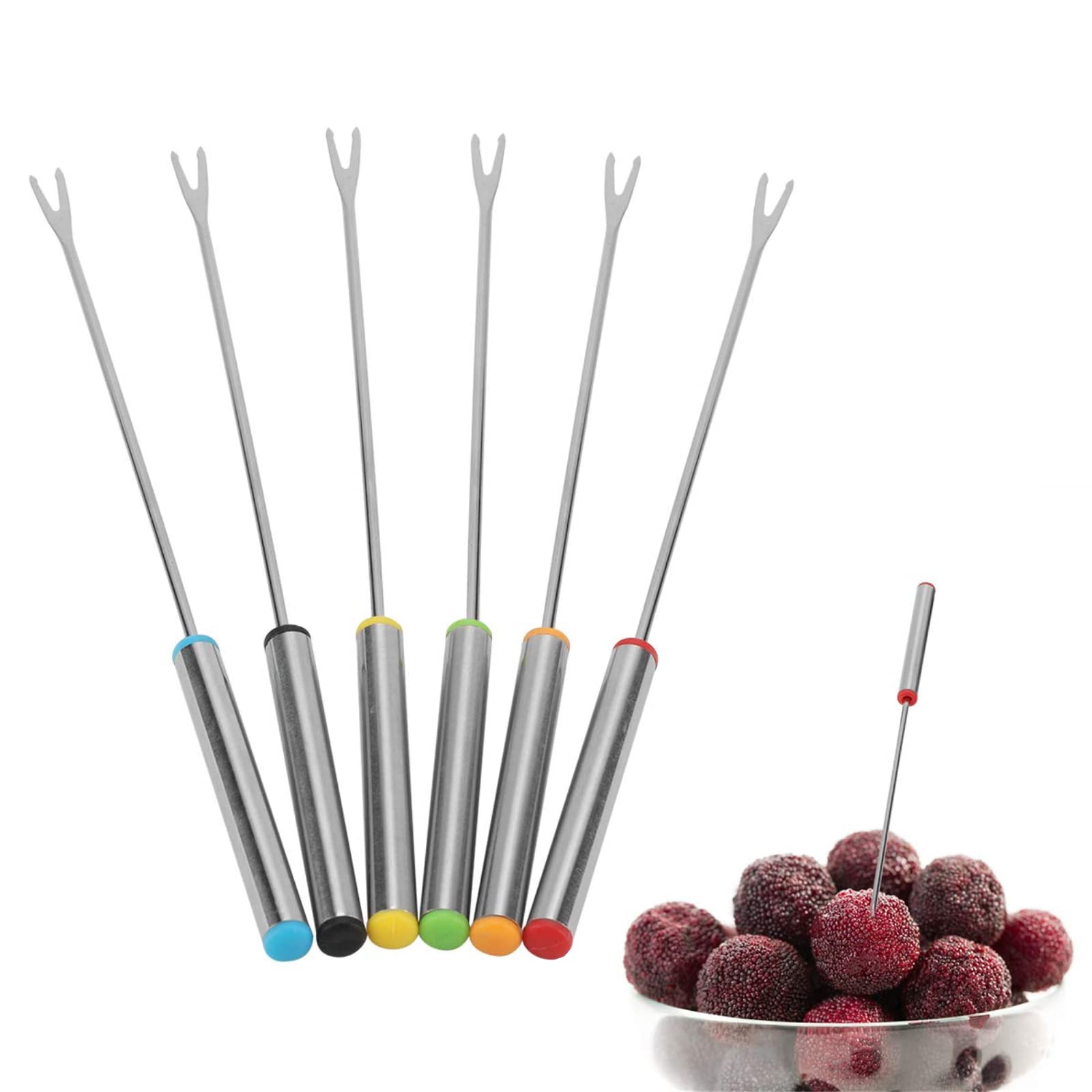 Cikonielf 6pcs/Set Fruit Forks Stainless Steel Chocolate Cheese Dessert Fondue Pot Forks Kitchen Tool Tableware Silver 9.45in