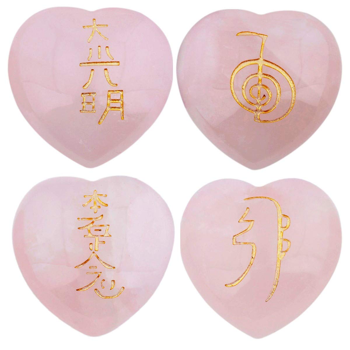 mookaitedecor 4 Piece Rose Quartz Heart Stones Engraved Chakra Symbols Polished Palm Stones for Reiki Crystal Healing