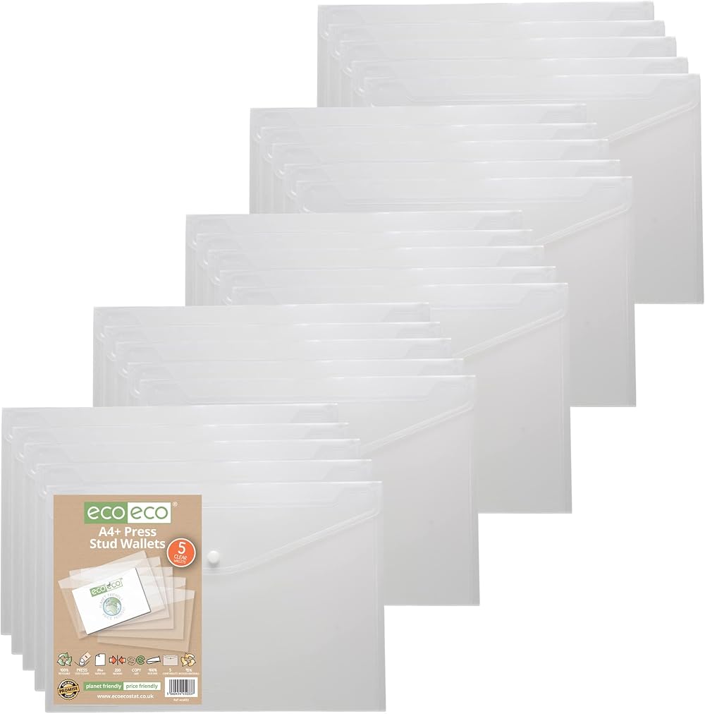 eco-eco A4+ 50% Recycled Clear Press Stud Wallets Pack of 25