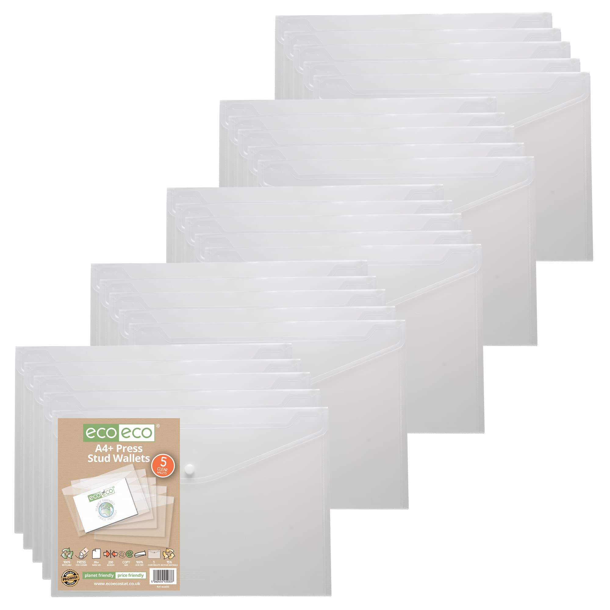 eco-eco A4+ 50% Recycled Clear Transparent Press Stud Popper Wallet, Plastic Folders (Pack of 25)