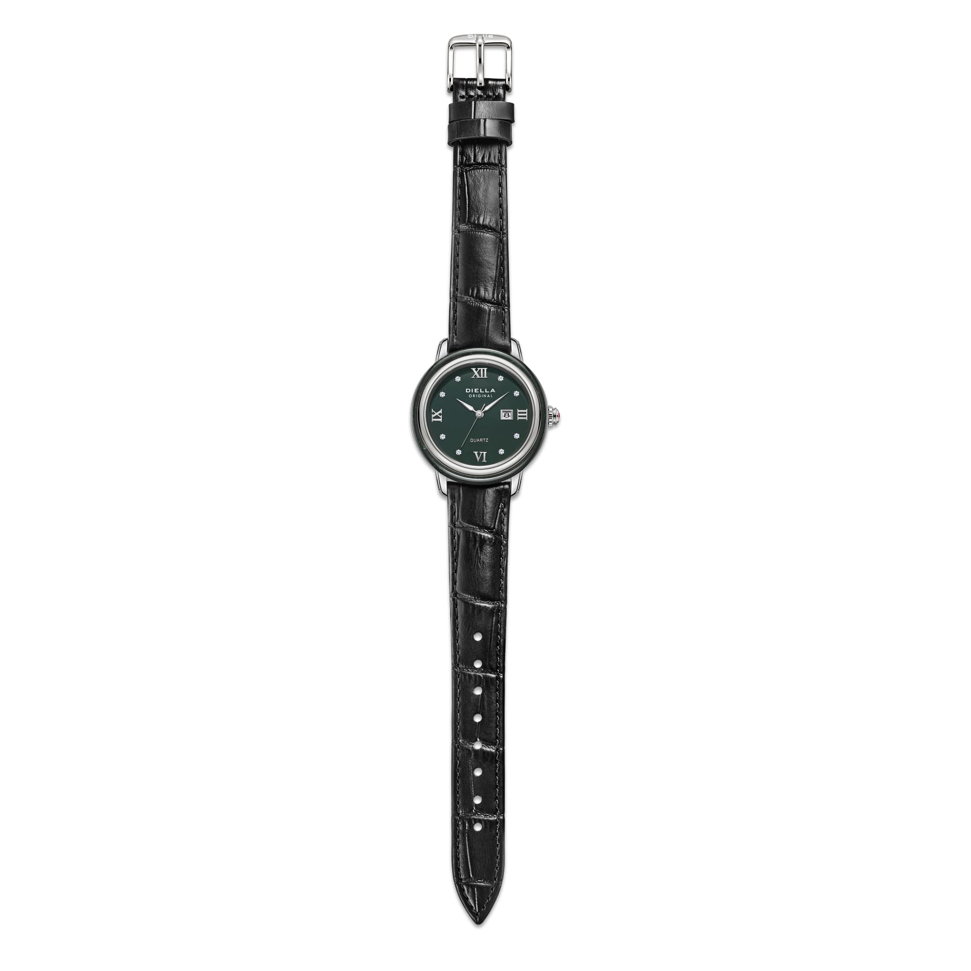Diella Watches for Women Jade Inlay and Rhinestones Inlaid on The Plate Crown with Ruby Leather Strap, 5ATM Waterproof, Date Luminous for Luxurious, Fashionable Gift Women