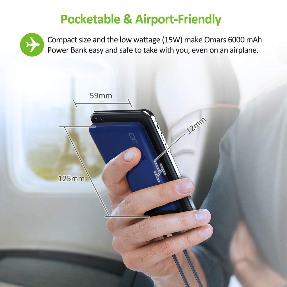Omars Power Bank 6000mAh Caricabatterie Portatile con Porta USB C da 15W, USB A Porta 2.4A Powerbank per iPhone X 8 7 Plus 6s 6 iPad Air Mini Samsung Galaxy S9 S8 S7 Edge S6 Smartphone