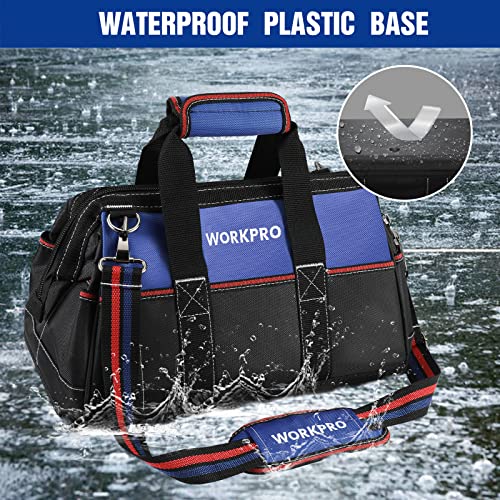 WORKPRO 16-inch Wide Mouth Tool Bag for Men, Heavy Duty Cloth Tool Storage Bag with Water Proof Molded Base, Adjustable Shoulder Strap