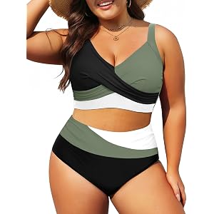 Plus Size Two Piece High Waisted Swimsuit Tummy Control Colorblock Bikini | V-neck, Wide adjustable straps, Full coverage, Re
