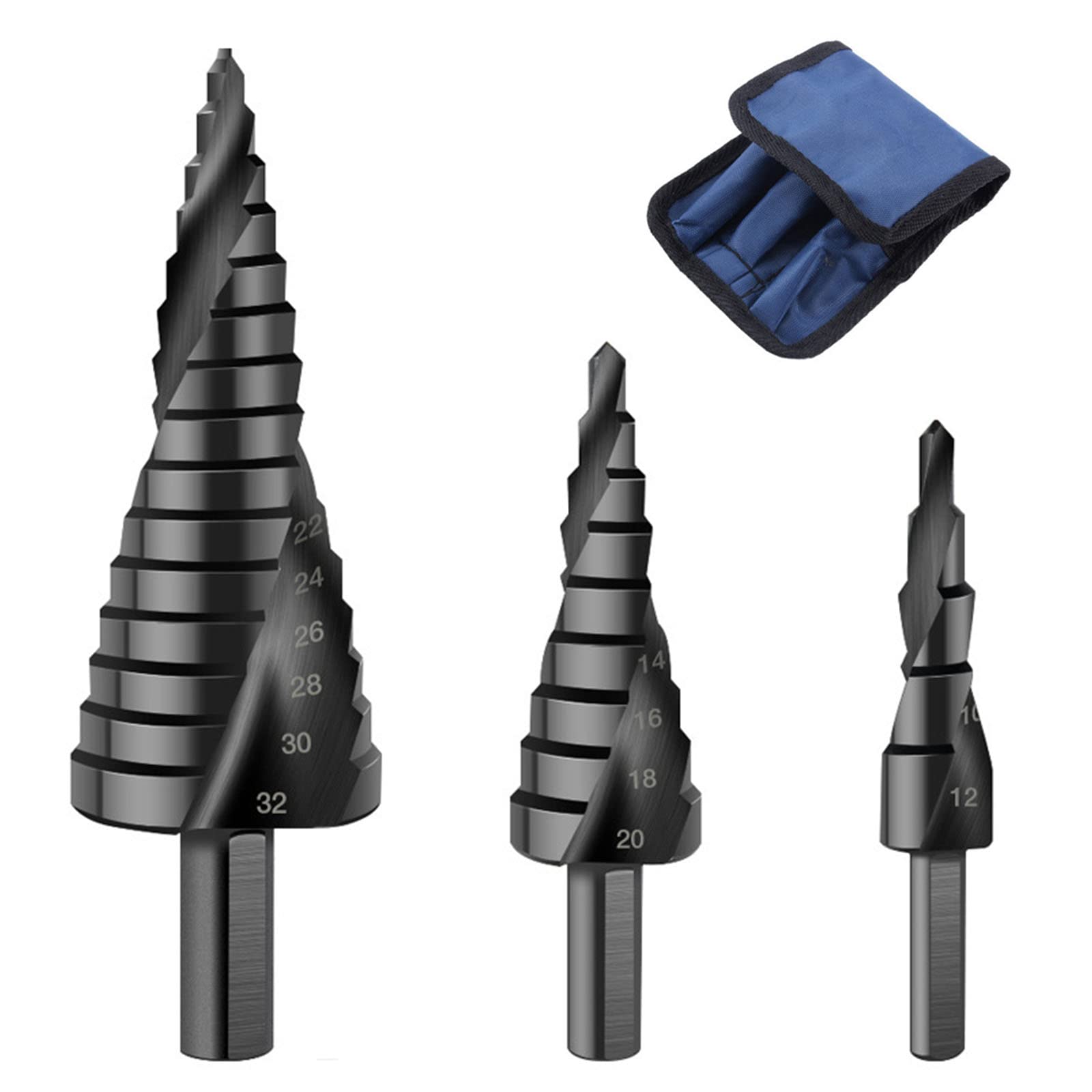 Spiral Grooved Step Drill Bit, M35 High-Speed Steel 4-20mm 4-32mm Cobalt-containing Spiral Pagoda Drill, Drill and Enlarge Hole for Wood Metal Stainless Steel (Cobalt Free Black 3pcs)