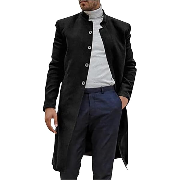 Mens Trench Coat Slim Fit Stand Collar Mid Length Overcoat